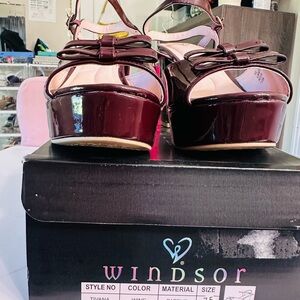 Windsor Burgundy Patent Platform Sandals with Bow Accent